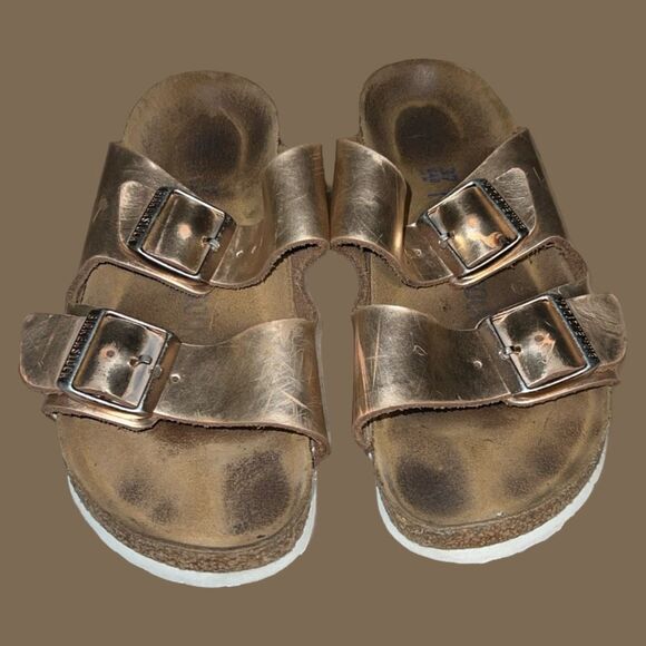 Birkenstock Arizona Soft Footbed Metallic Rose Gold 37 US 6.5 Narrow Sandals - Picture 2 of 5